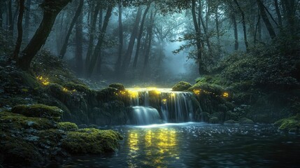 Aufkleber - Glow forest idea. A serene forest landscape featuring a tranquil waterfall and glowing reflections.