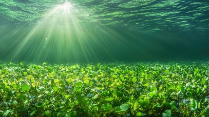 Poster - Marine life microscopic idea. A serene underwater scene showcasing vibrant aquatic plants and soft sunlight.
