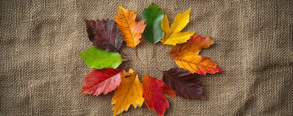 Sticker - Circle of colorful autumn leaves arranged on a rustic burlap background, evoking the warm hues of fall