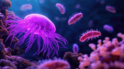 Aufkleber - Marine life microscopic idea. A vibrant jellyfish gliding through the ocean depths, surrounded by colorful marine life.