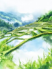 Poster - Beautiful hand painted watercolor of flooded rice terraces in a serene mountainous landscape during daytime. Generative AI