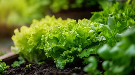 Poster - Green lettuce growing in a vegetable garden with water drops on leaves