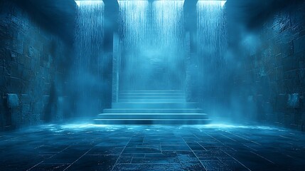 Wall Mural - Blue-lit stone stairs, waterfall background, mysterious scene, fantasy setting, video game backdrop.