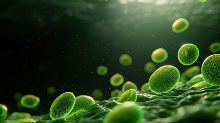 Poster - Marine life microscopic idea. Close-up of vibrant green microorganisms in a dark underwater environment.