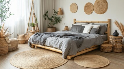 Poster - Trendy urban jungle bedroom interior with bamboo bed and abundant greenery