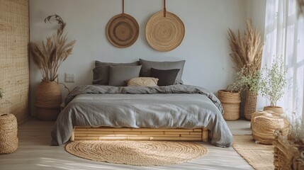 Poster - Minimalist wabi sabi style bedroom with natural lighting, a spacious bed, and bamboo furnishings