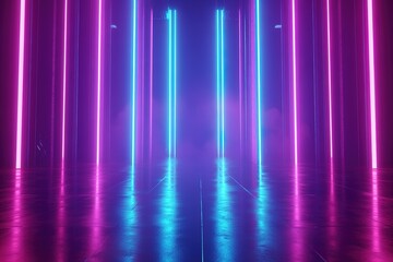 Fototapete - Neon lights illuminate a reflective floor in a futuristic setting