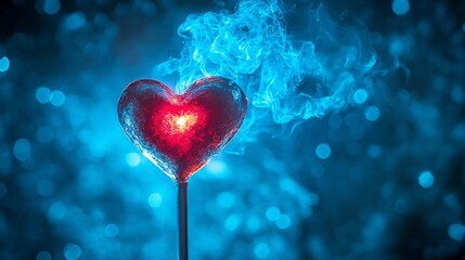 Aufkleber - Red heart is burning with blue smoke in front of a blue bokeh background, symbolizing love and passion