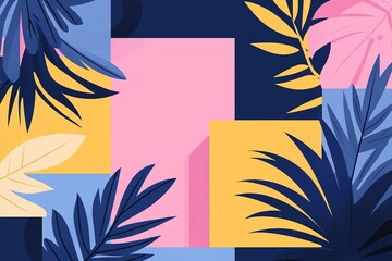 Poster - Tropical leaves on a colorful geometric background