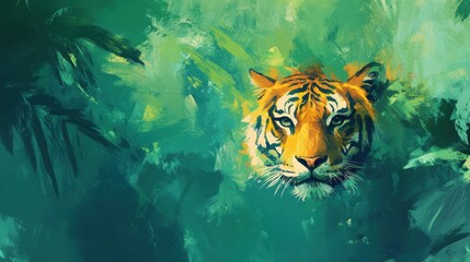 Poster - Impressionist tiger portrait amid vibrant jungle foliage with space for personalized text. Generative AI