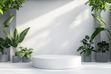 Poster - White pedestal surrounded by lush greenery in a minimalist setting