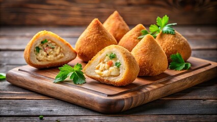 Crispy exterior, fluffy interior Brazilian-style coxinha filled with chicken and served on a wooden cutting board, plate of food, Brazilian coxinha