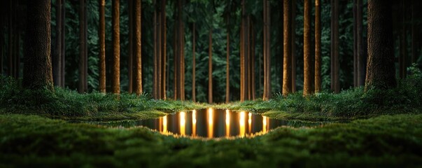 Poster - Glow forest concept. Mysterious forest with glowing lights reflecting on calm water surface surrounded by trees.