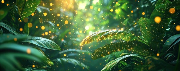 Poster - Glow forest concept. Lush green foliage illuminated by soft sunlight, creating a serene, magical atmosphere.