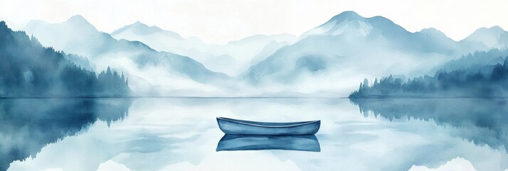 Leinwandbilder - Serene watercolor illustration of a single rowboat on a calm mountain lake with spacious sky for text. Generative AI