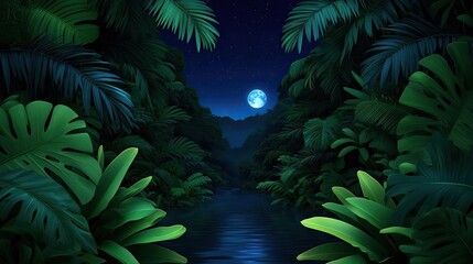 Poster - Glow forest idea. A serene moonlit scene in a vibrant tropical jungle by a tranquil river.