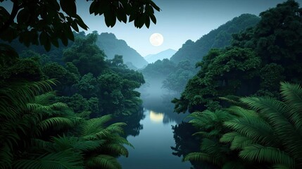 Poster - Glow forest idea. Serene moonlit river flowing through lush verdant mountains under a night sky.