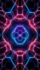 Poster - Abstract Glowing Hexagon Pattern Background with Sci-fi Neon Lights