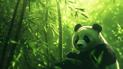 Poster - Portrait of a panda relaxing in a lush bamboo forest with vivid green hues and space for text. Generative AI