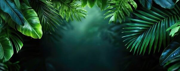 Poster - Glow forest concept. Lush green leaves framing a serene and tranquil natural background.