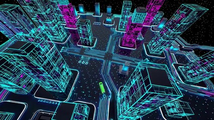Poster - Neon skyscrapers rising from a circuit board, forming a futuristic cityscape with self-driving vehicles navigating glowing streets under a starry night sky