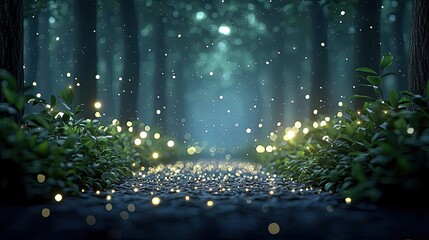 Poster - Glow forest idea. Enchanting forest pathway illuminated by glowing lights in a serene atmosphere.