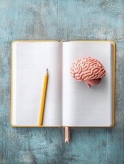 Leinwandbilder - Open notebook with a pencil and brain model on a bright wooden desk offering creative inspiration and study space. Generative AI