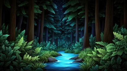 Poster - Glow forest concept. A serene forest scene with a tranquil stream surrounded by lush greenery and tall trees.
