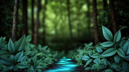 Poster - Glow forest concept. Serene forest path illuminated by gentle light, surrounded by lush green leaves and tranquility.