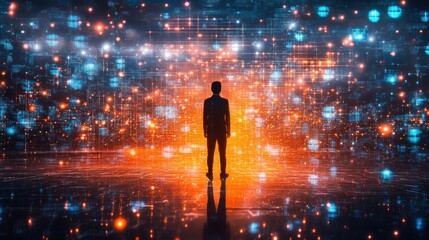 Poster - Man in silhouette facing digital data wall. Illustrates concepts of big data, technology, and the future.