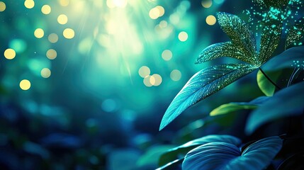 Poster - Glow forest concept. A serene view of luminous leaves surrounded by enchanting bokeh lights.