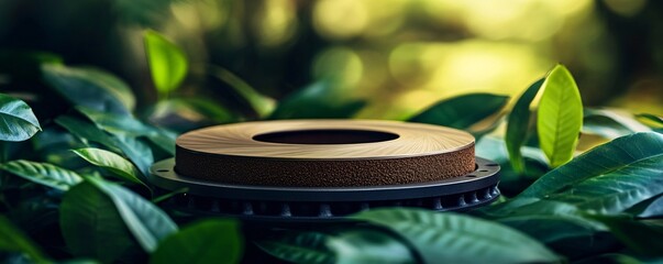 Aufkleber - Round wooden podium with bark detail surrounded by lush green leaves, ideal for displaying natural products