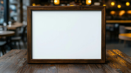 Poster - Blank Framed Notice Board in a Cozy Busy Cafe with Dark Wood and Warm Lighting Atmosphere