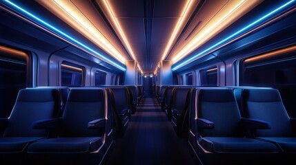 Poster - empty train car at night, with glowing lights overhead casting soft shadows on the dark seats and floor. The absence of passengers adds to the stillness.