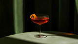 A sophisticated red cocktail in an elegant coupe glass, garnished with an orange twist, set against dramatic green velvet curtains with moody lighting and deep shadows