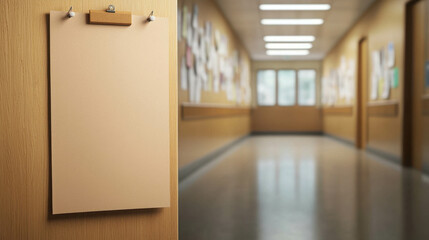 Poster - Blank Poster on Bulletin Board in Quiet School Hallway with Natural Light and Wood Elements