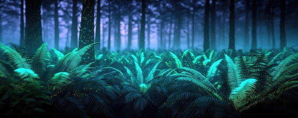 Poster - Glow forest concept. A lush green forest filled with vibrant ferns under soft, ethereal lighting.