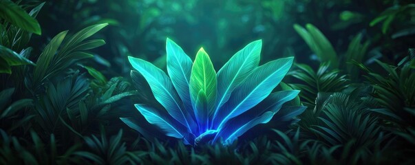 Poster - Glow forest concept. A vibrant, glowing plant surrounded by lush greenery in a mystical forest.
