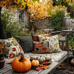 Aufkleber - Pumpkins and colorful pillows are decorating a wooden bench in an autumn garden