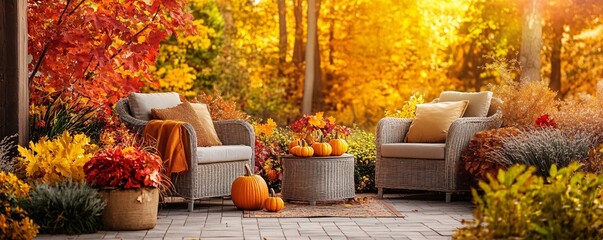 Aufkleber - Wicker patio furniture adorned with cozy fall pillows, pumpkins, gourds, and vibrant foliage, set against a backdrop of colorful autumn trees in the backyard