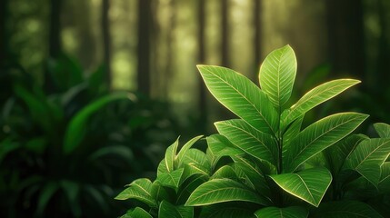 Poster - Glow forest concept. Lush green leaves in a serene forest environment, showcasing nature's beauty and tranquility.