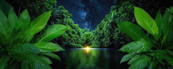 Aufkleber - Glow forest idea. A serene evening in a lush forest by a calm river under a starry sky.