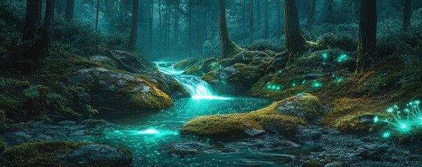 Poster - Glow forest concept. A serene forest scene with a glowing stream and vibrant flora under soft light.