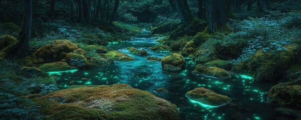 Poster - Glow forest concept. A serene forest stream illuminated by glowing moss and magical reflection.