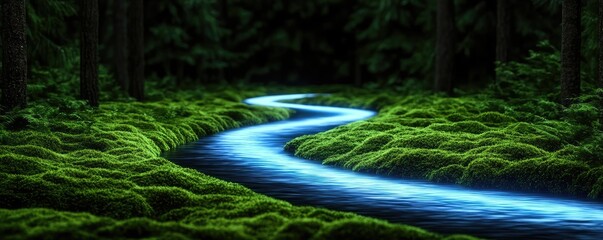Poster - Glow forest idea. A serene river flows through lush greenery under a tranquil forest.