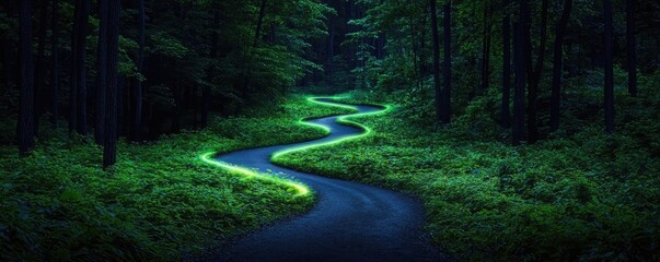 Poster - Glow forest concept. A winding road illuminated by soft light, surrounded by lush green forest scenery.