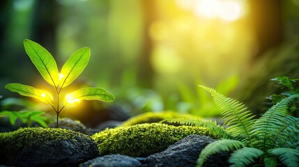 Poster - Glow forest concept. A vibrant green plant shines brightly in a lush, tranquil forest environment.