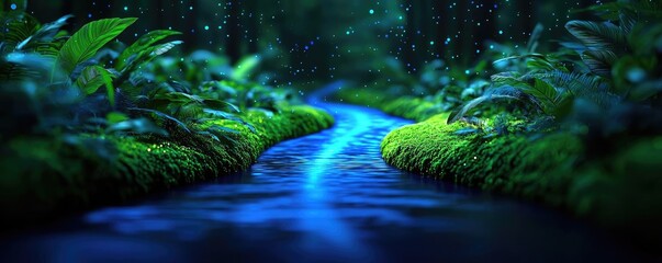 Poster - Glow forest concept. A serene river flows through lush green foliage under a tranquil, misty atmosphere.