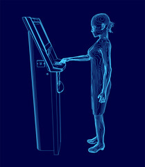 Poster - A woman is standing in front of a blue cash machine.