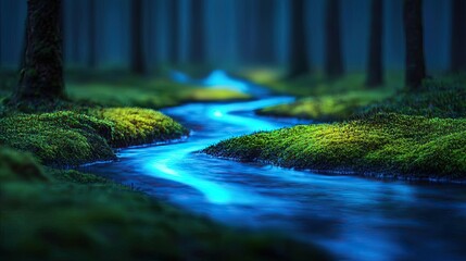 Poster - Glow forest concept. Serene forest scene with a winding blue river under a misty atmosphere.